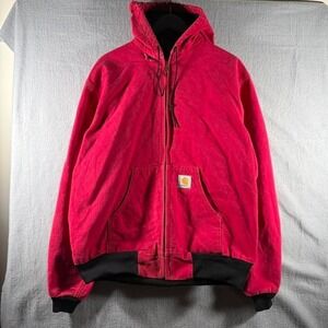 Vintage Carhartt Red Canvas Hooded Jacket Thermal Lined Workwear JR100 XL